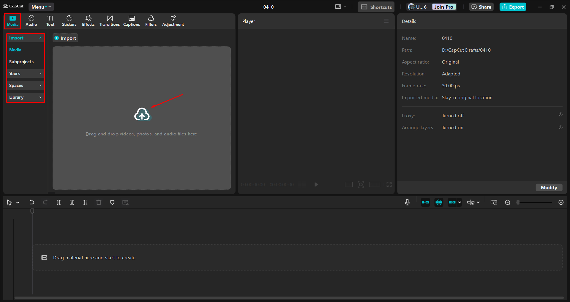 Importar um vídeo para o editor de vídeo de desktop CapCut