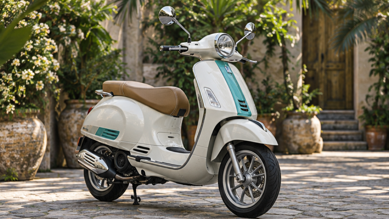 16:9 premium photorealistic vehicle portrait, pearl-white commuter scooter with restrained turquoise accents and neat chrome details, both wheels mirrors and entire body visible in three-quarter view, quiet tropical courtyard muted plants, morning light, coherent mechanical parts, no text or logos.