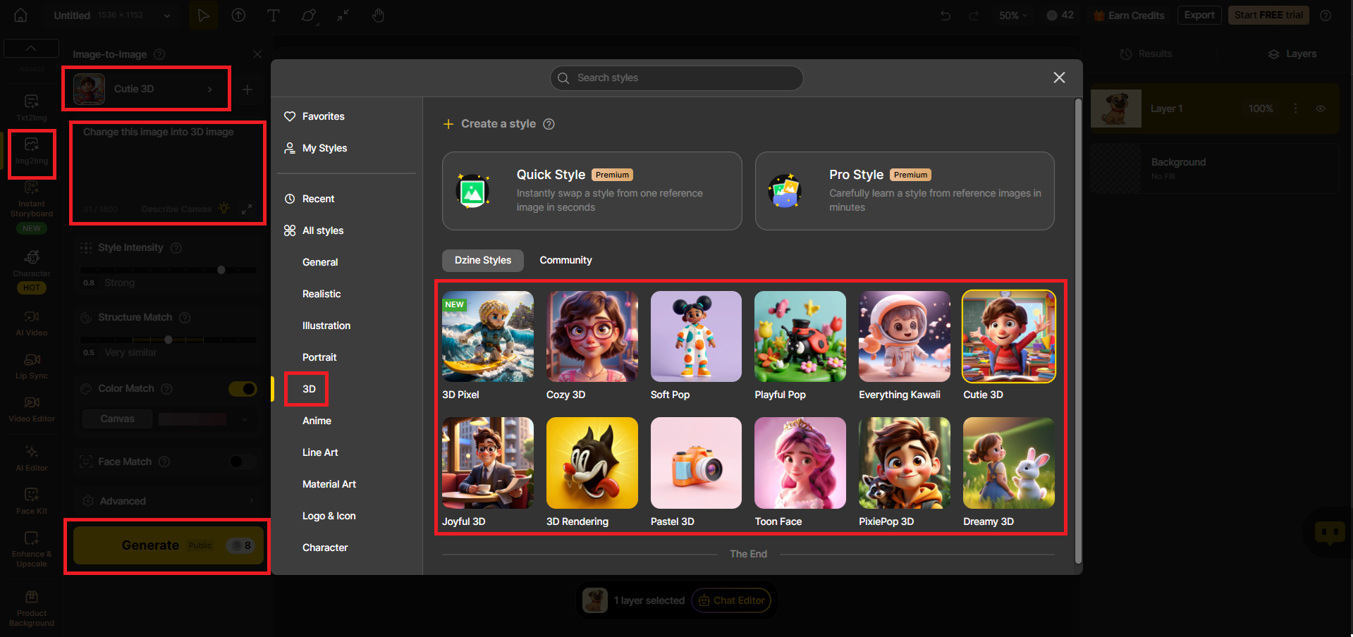 Choose the 3D style and set the options
