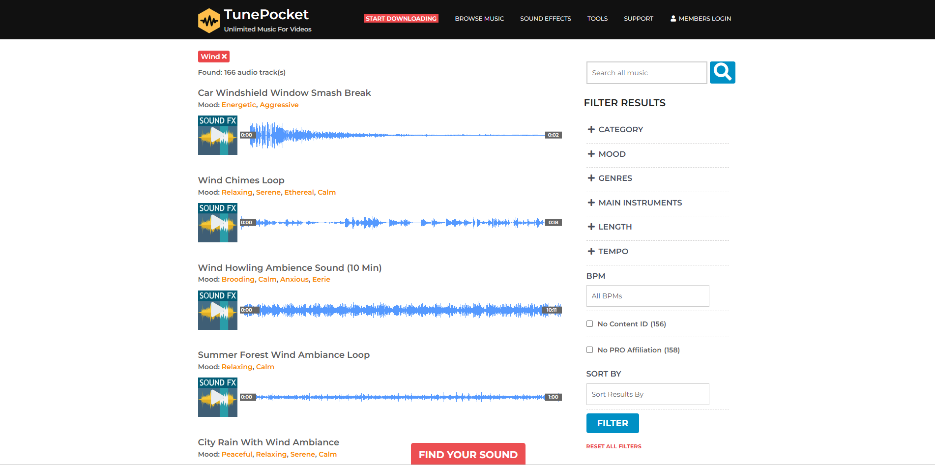Interface of TunePocket - a free resource for wind blowing sound effects