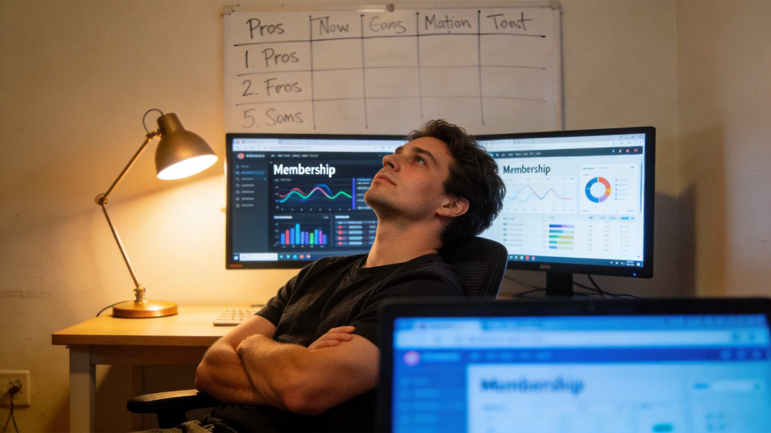 Man at desk looking at dual monitors with membership analytics charts