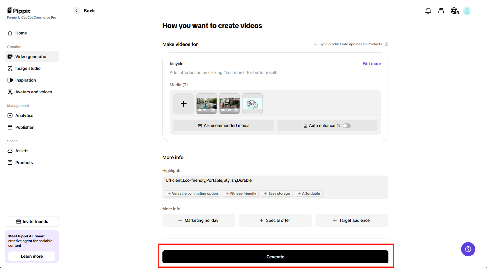 Generate marketing video