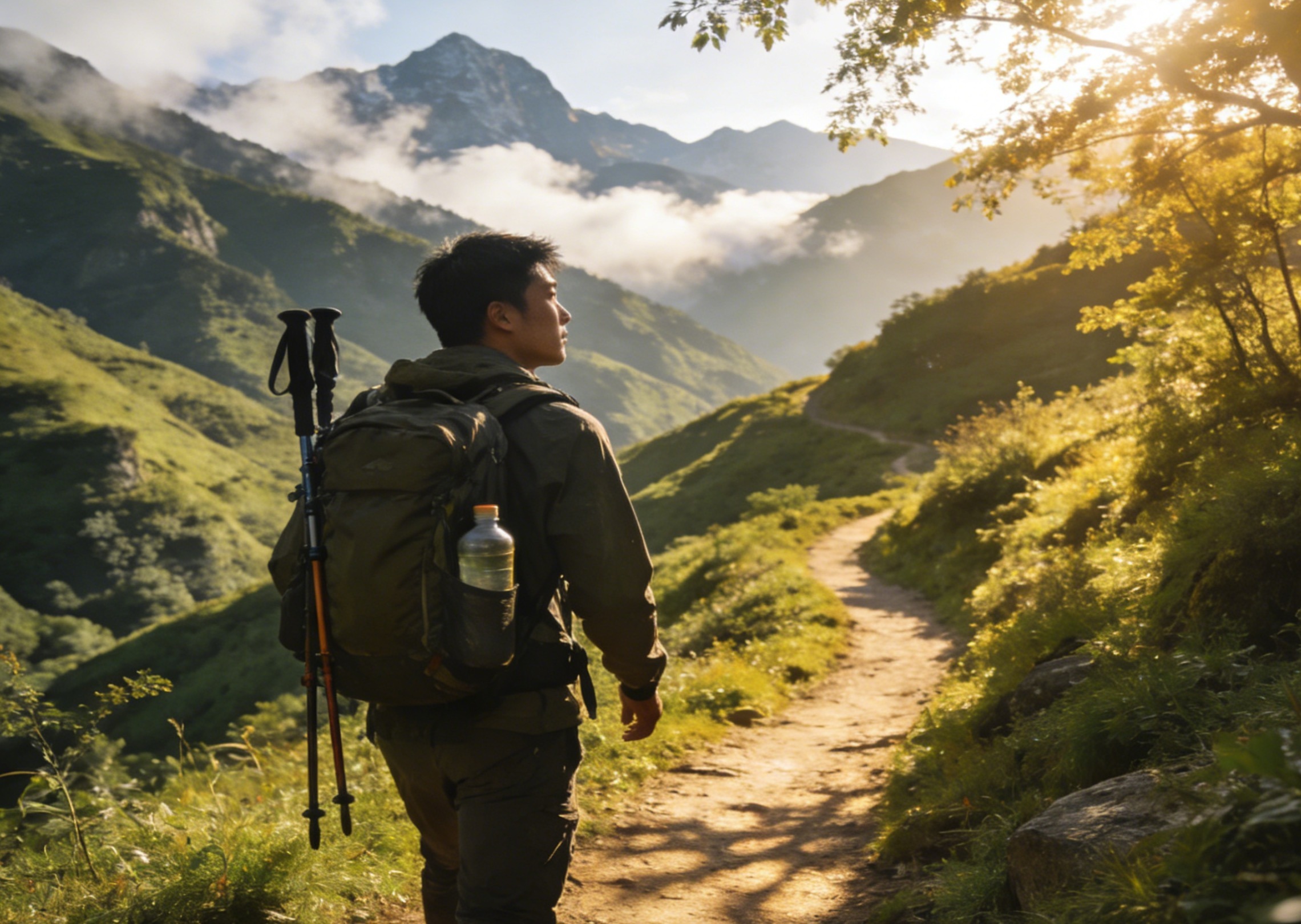 Create a video of a person hiking along a mountain trail