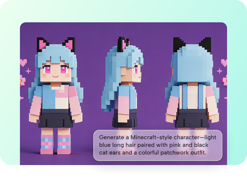 Blue-haired blocky character shown from front, side, and back