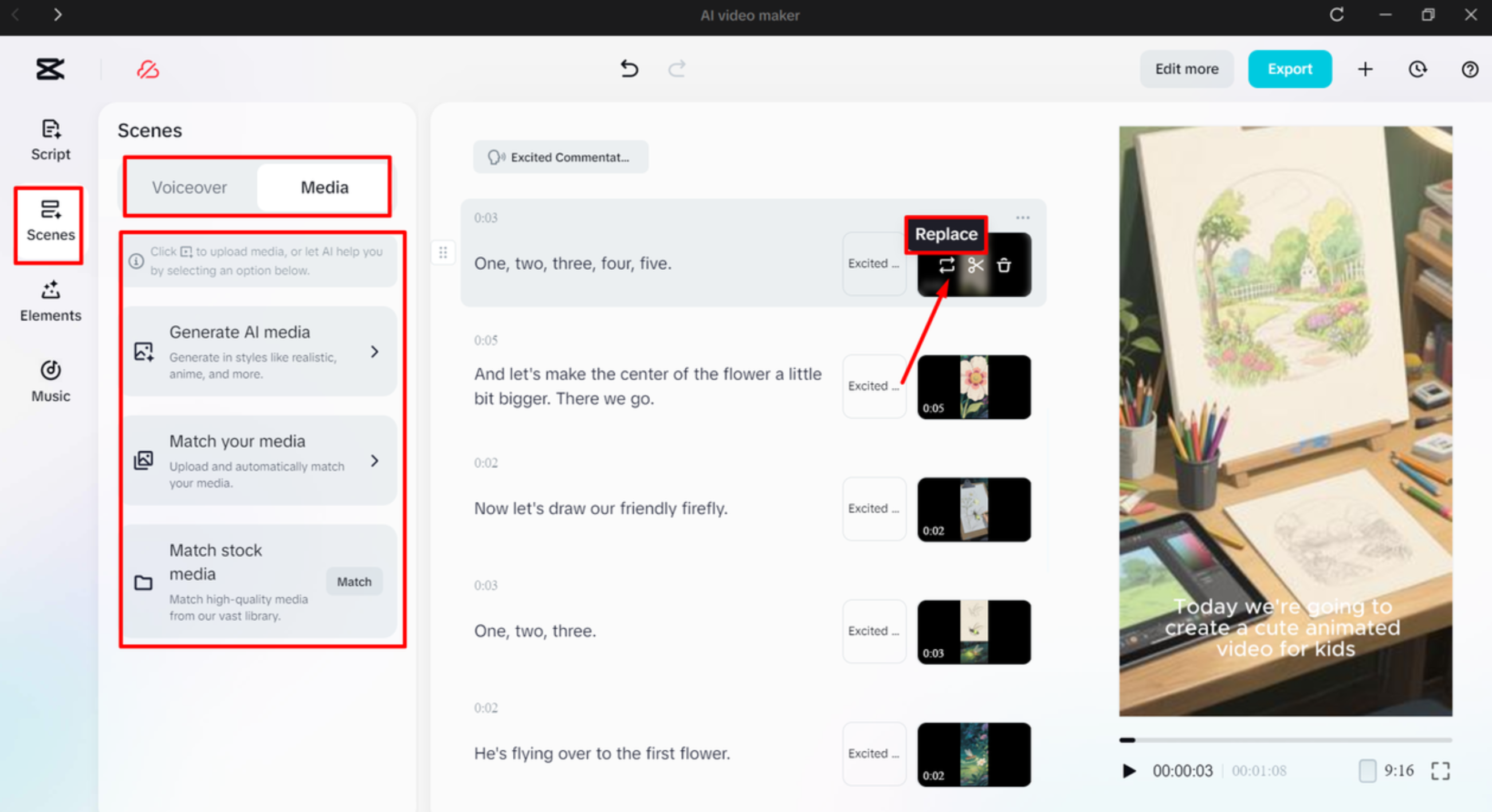 Substituindo a mídia no vídeo usando o criador de IA vídeo do CapCut
