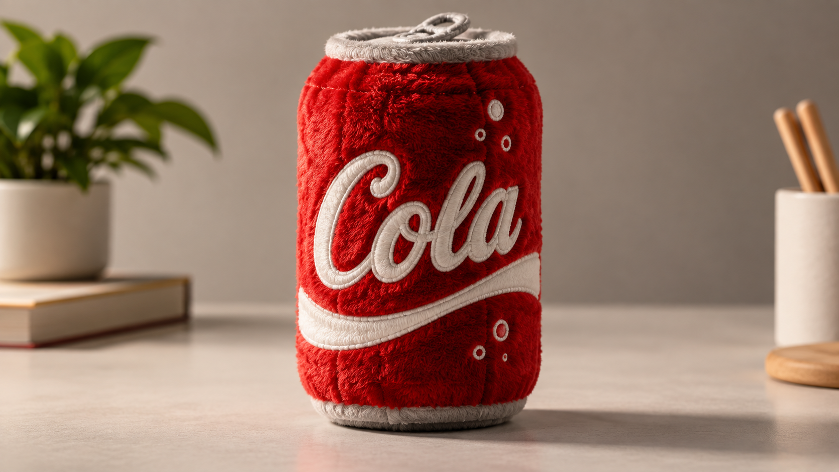 Plush cola can on studio table