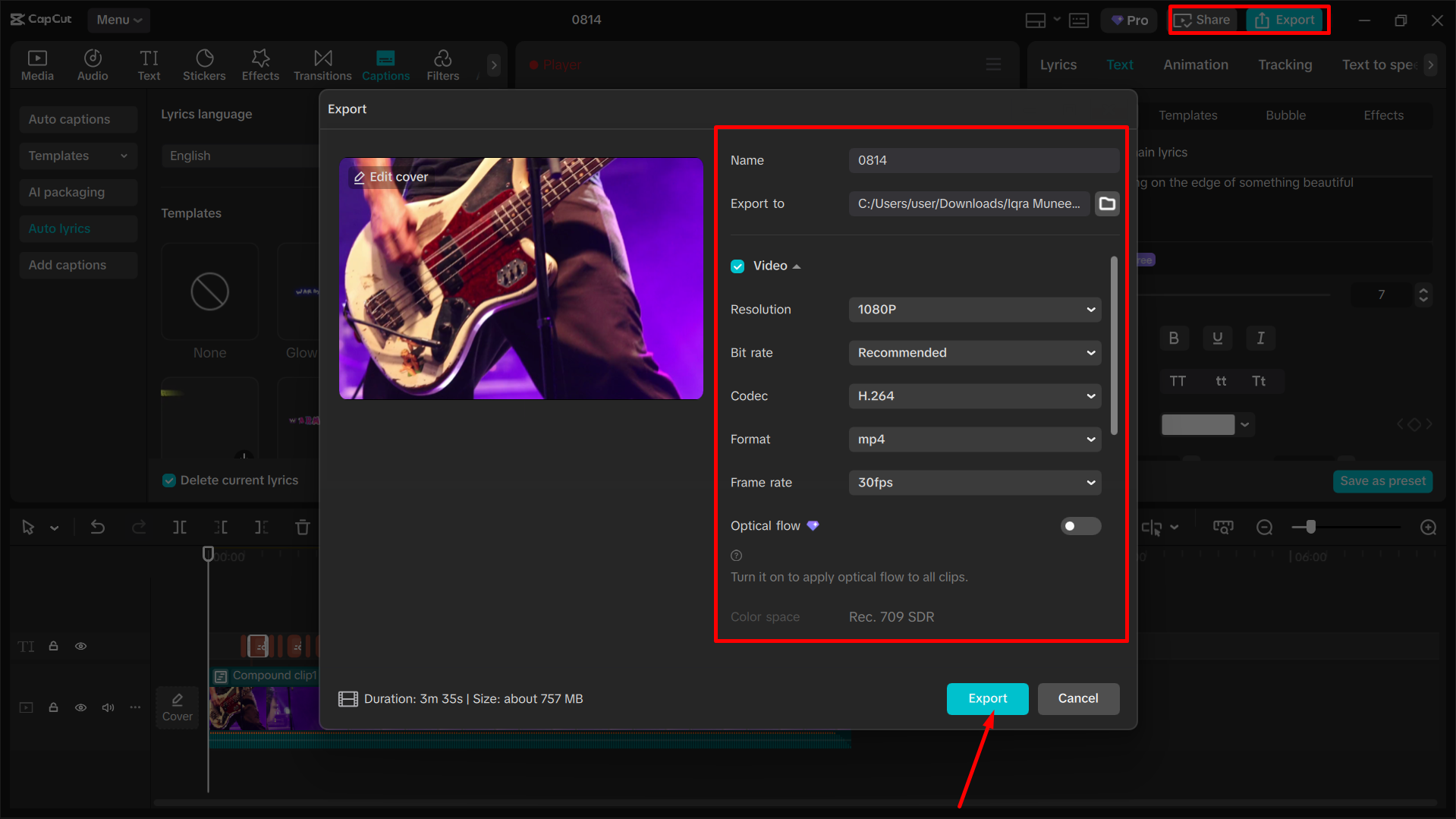 Exportieren Sie Ihr Songvideo aus CapCut Desktop-Editor