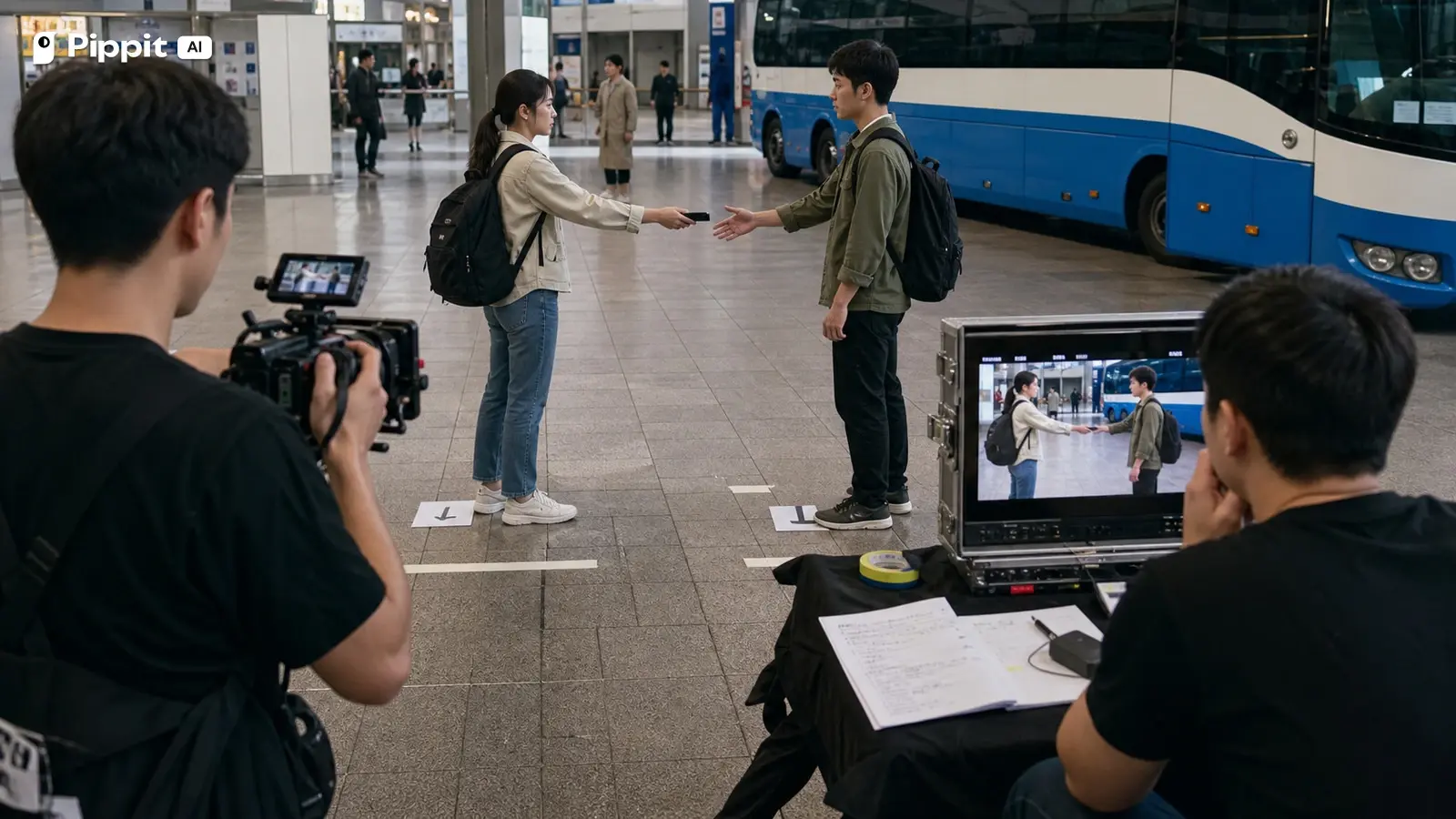 A small crew tests movement direction and an object handoff at a bus terminal.