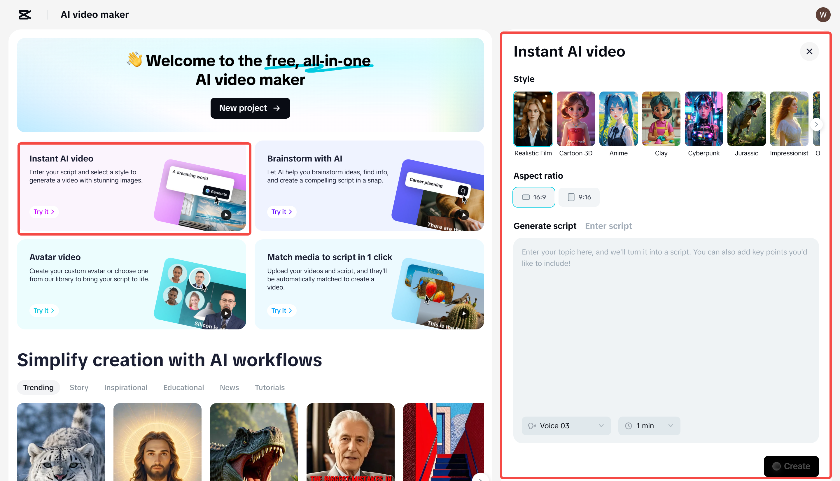Accedi allo strumento AI video maker nell' CapCut editor video online