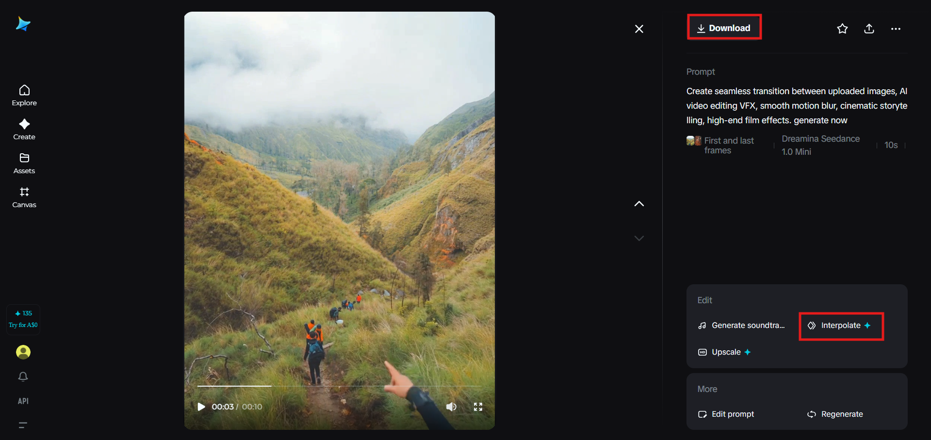 Refine using interpolation and download the video