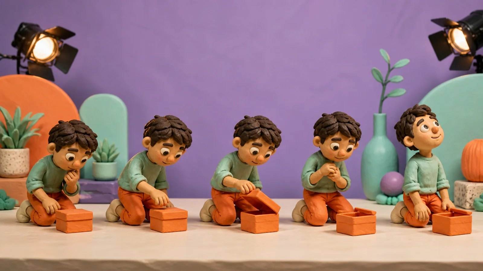 Clay figure boy kneeling through steps of opening an orange box on a pastel set