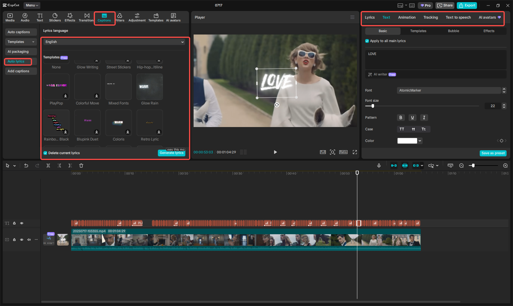 Generate lyrics for the video in CapCut