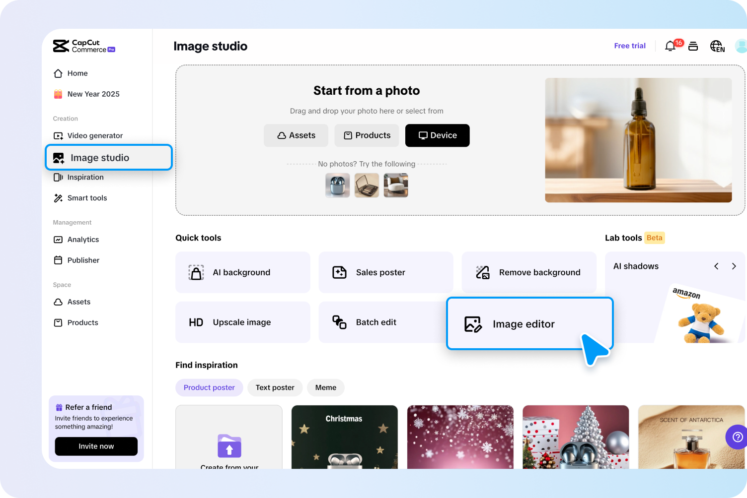 description=Pippit's Image Studio dashboard, with an arrow pointing to the 'Upscale Image' button. The interface is clean and user-friendly.