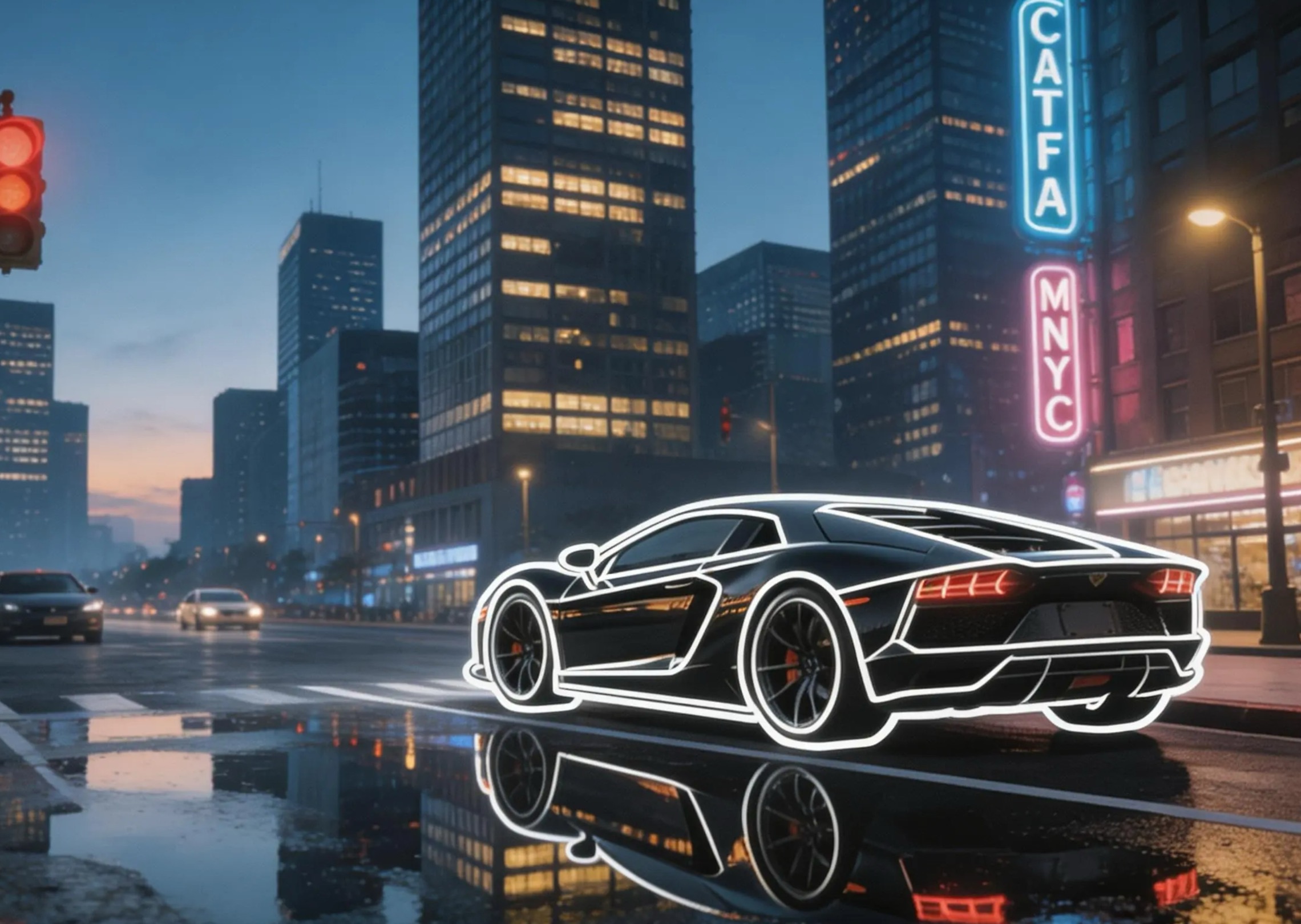 Combinați un fundal dinamic de intersecție a orașului cu o mașină sport elegantă