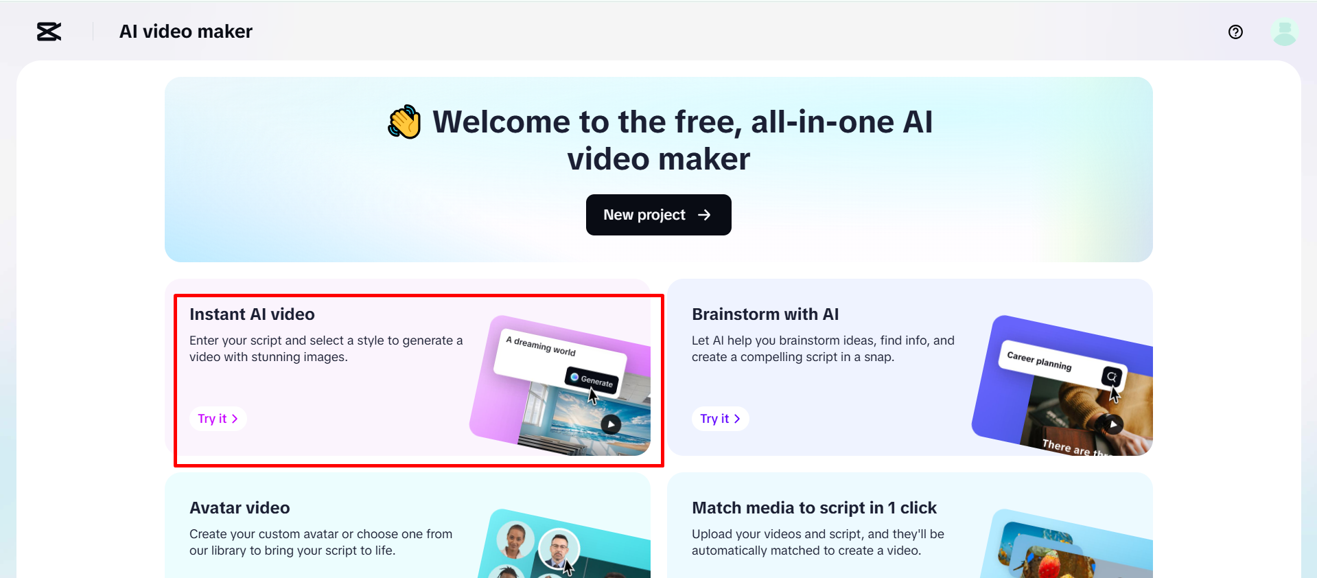 Accessing the AI video maker on CapCut Web