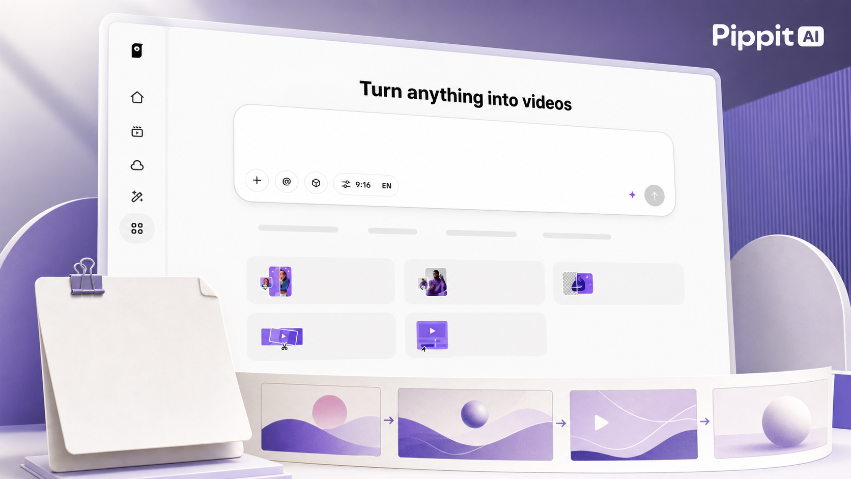 AI video editor interface with the text Turn anything into videos and purple thumbnail cards