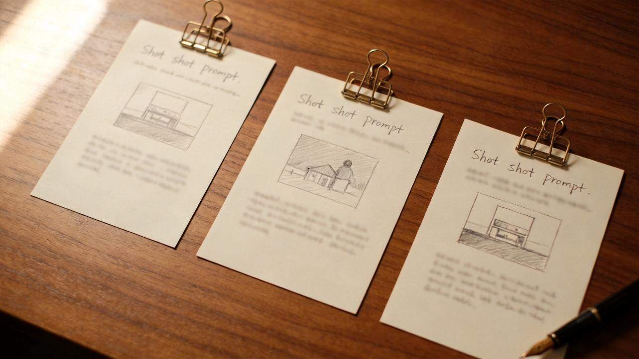 Three prompt cards clipped to a wooden desk with sketch thumbnails and handwritten notes