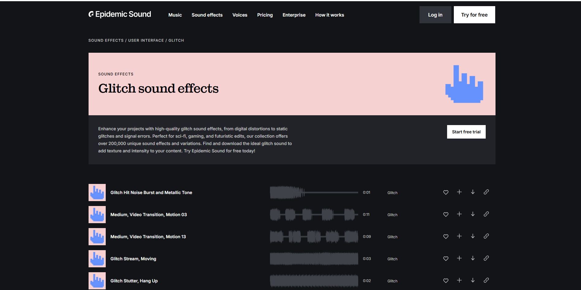 Interface of Epidemic Sound - a quick way to download glitch SFX for free