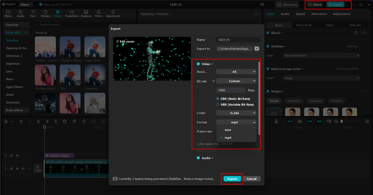 Exporting the video in 4k resolution from CapCut