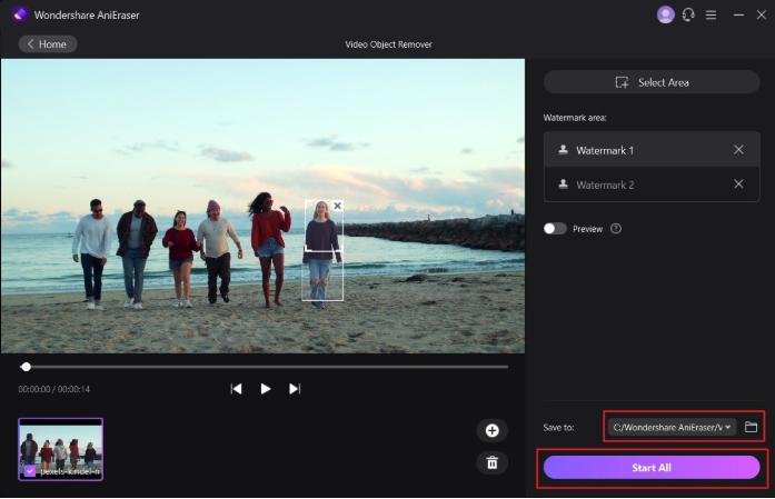 Video object-removal tool with a person boxed in the preview, watermark regions, and Start control