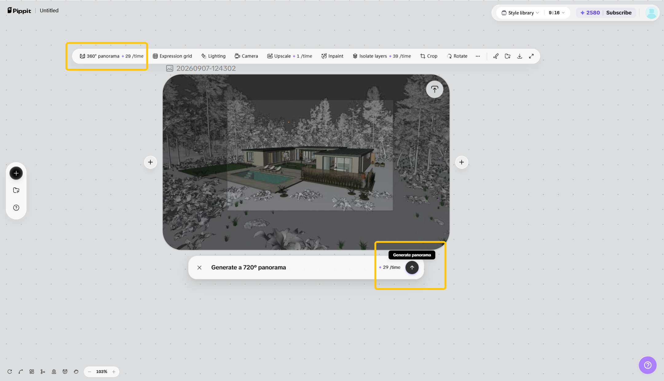 Uploading a GPT-6 white-clay concept and entering a 360 panorama prompt in Pippit