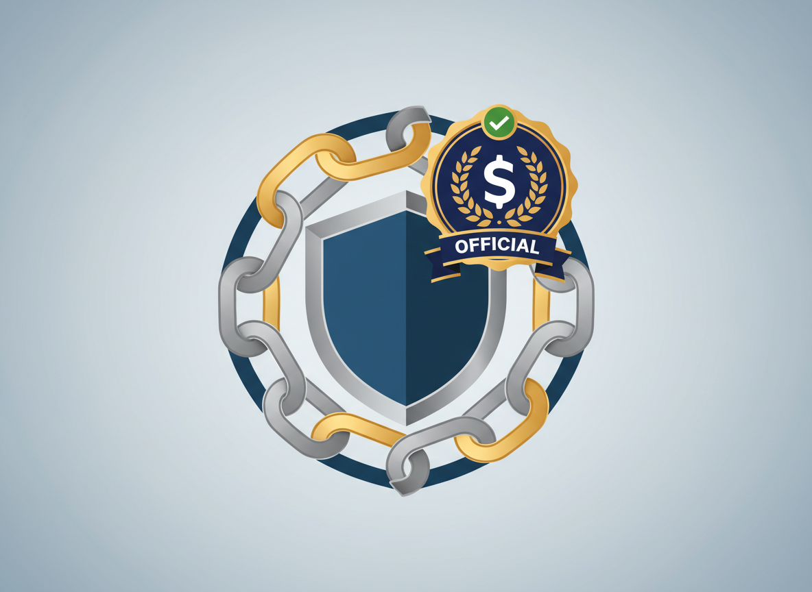 Official, verified entry—shield, chain link, and badge.