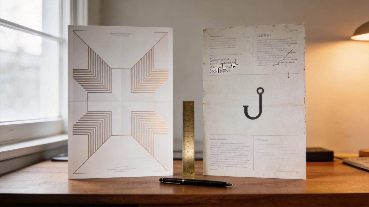 Two poster mockups on a desk, one geometric and one rough with handwritten marks