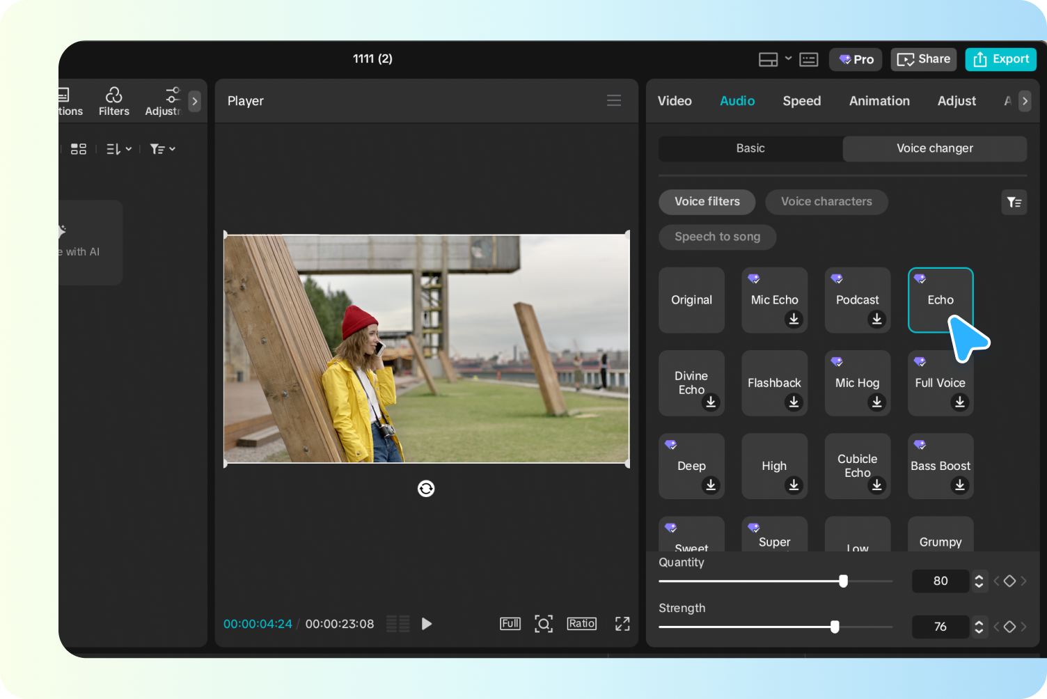 Applying AI voice filters in the CapCut desktop video editor.