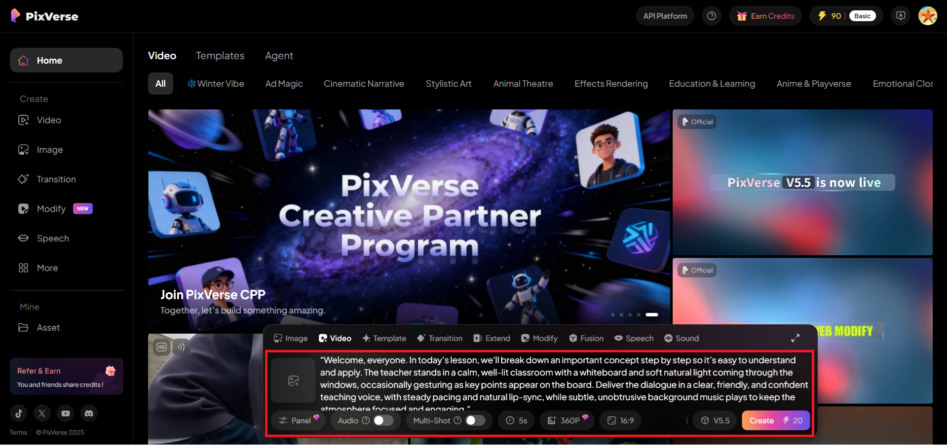 Write your prompt and configure video settings