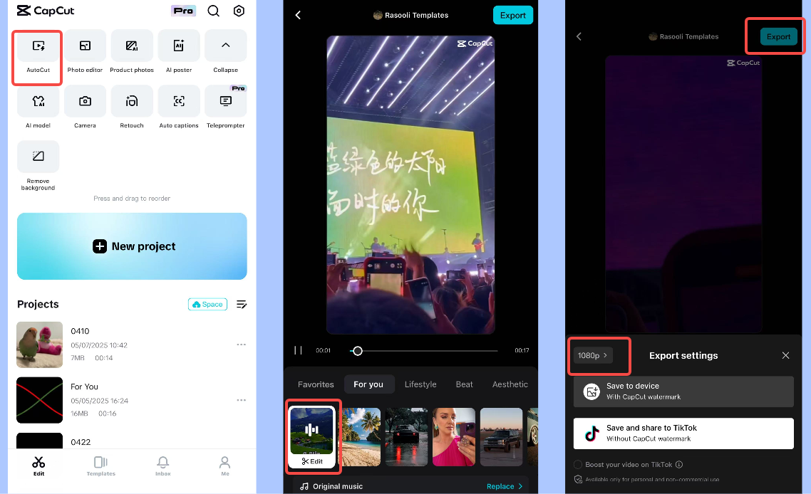 Use AutoCut for a video using the CapCut mobile app