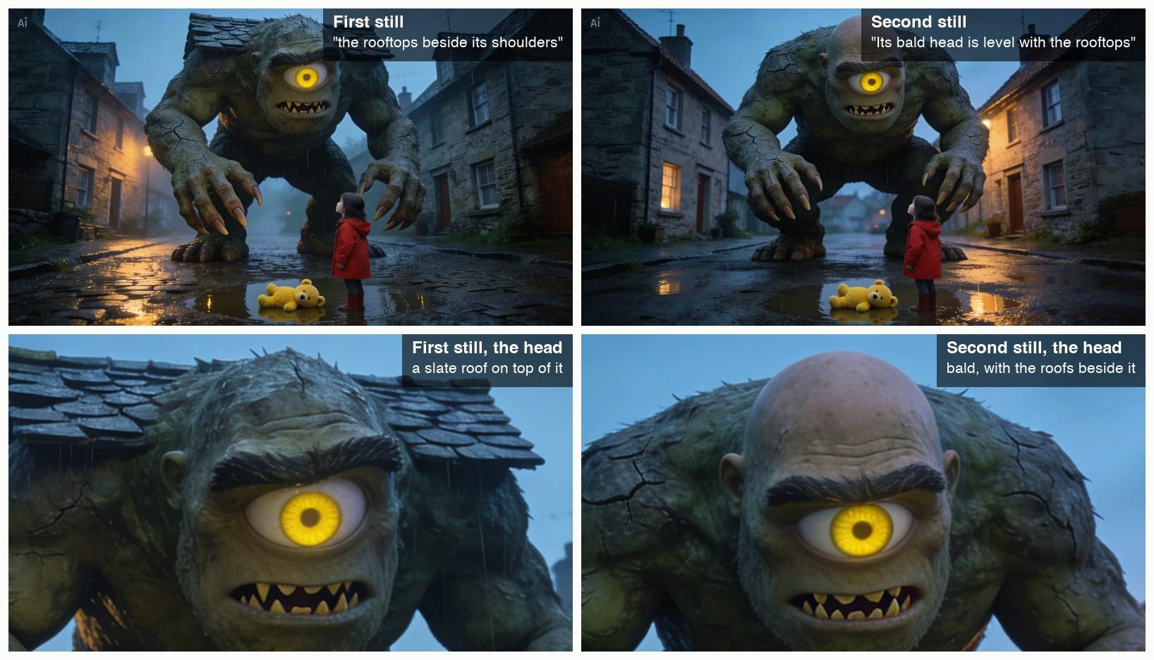 Two versions of the still: a one-eyed giant crouching over a girl in a red raincoat with a slate roof on its head, and the same scene with a bald giant whose head is level with the rooftops; below them, close-ups of the two heads.