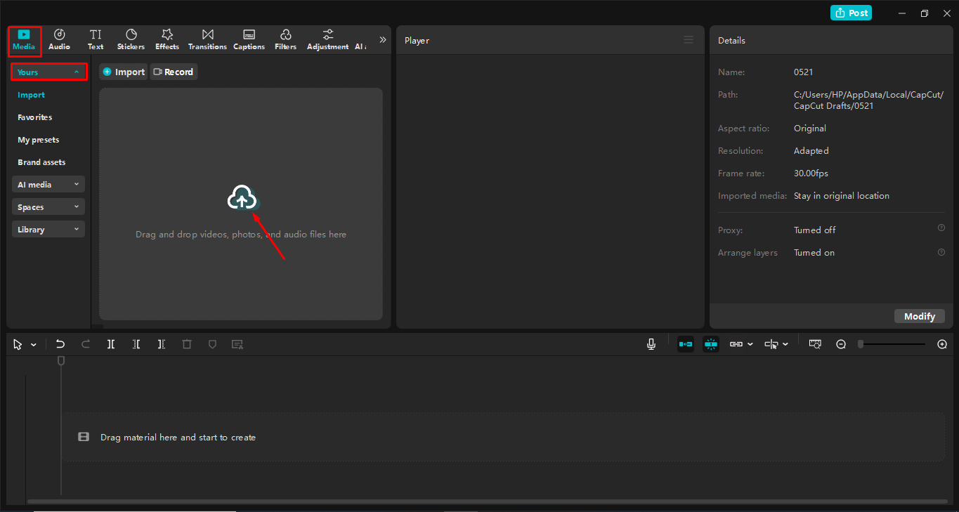 Hochladen eines Bildes in den CapCut Desktop-Video-Editor