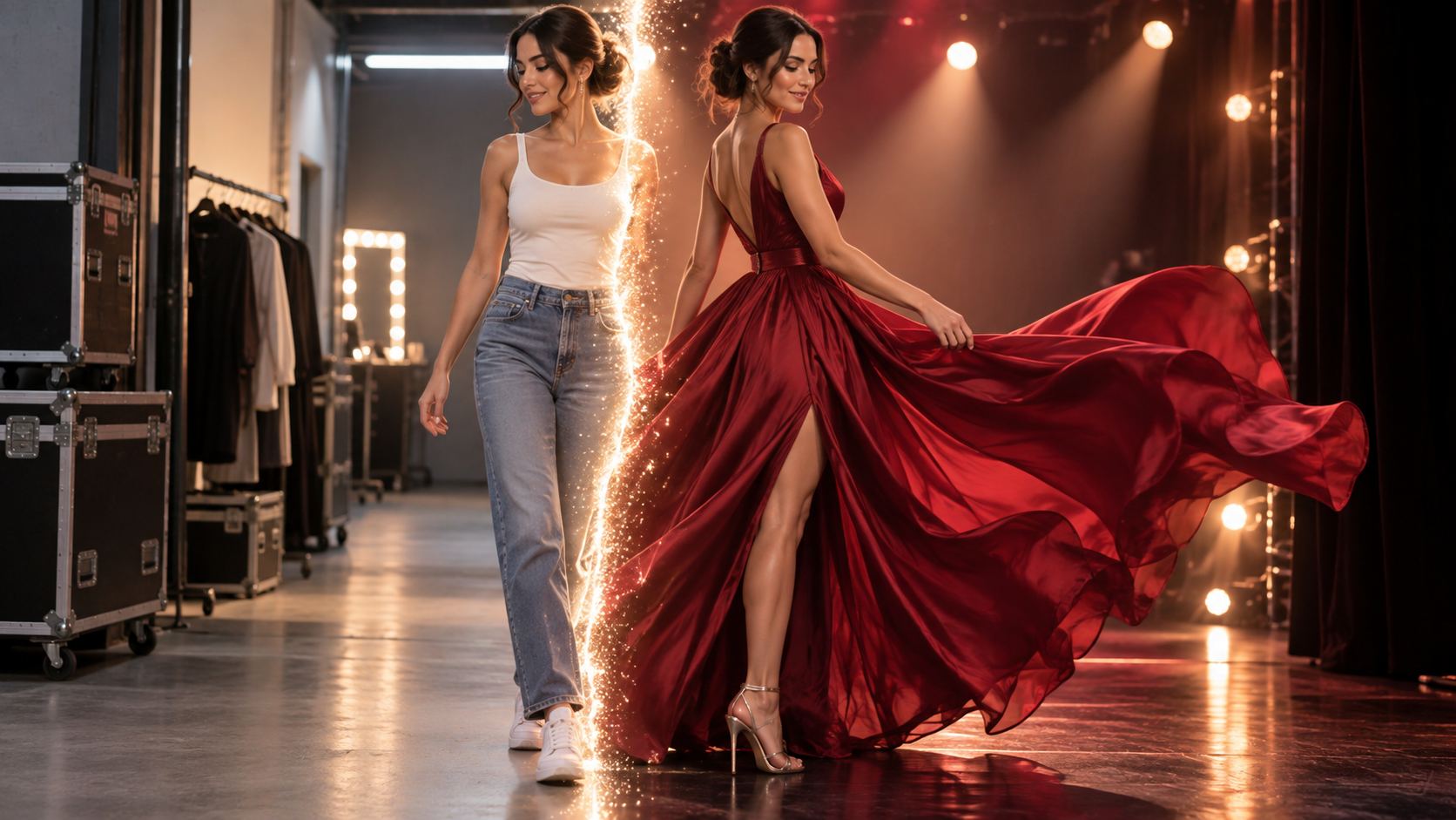 A fashion reveal transitioning from an everyday outfit to a flowing red dress