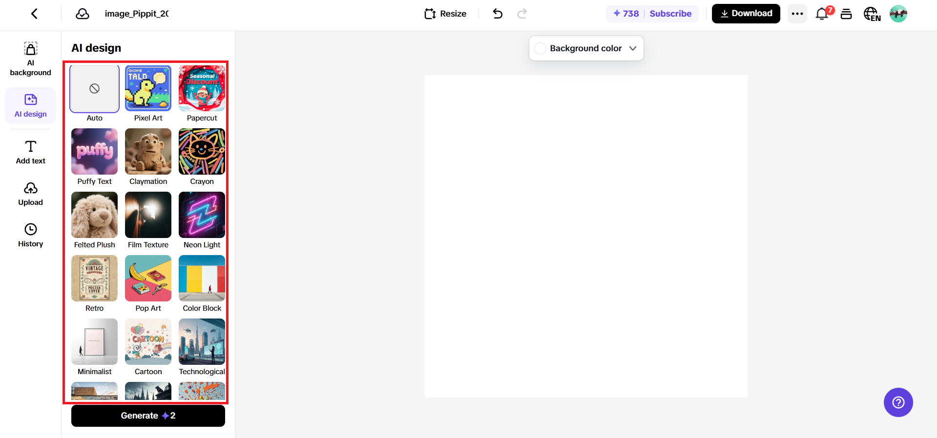 Different styles available in image generation