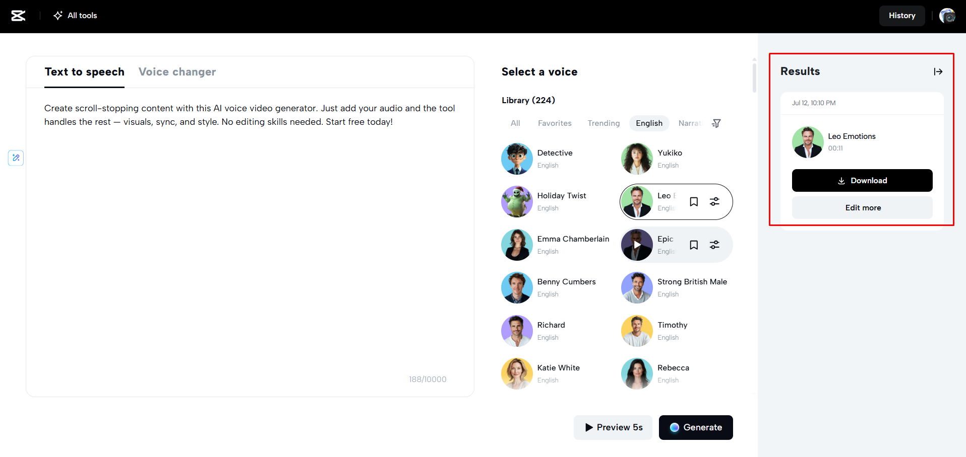 Downloading the AI generated audio from CapCut Web