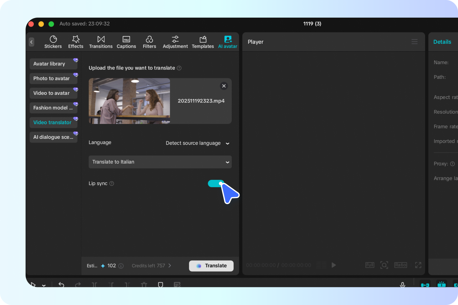 Uploading video to the video translator tool in CapCut