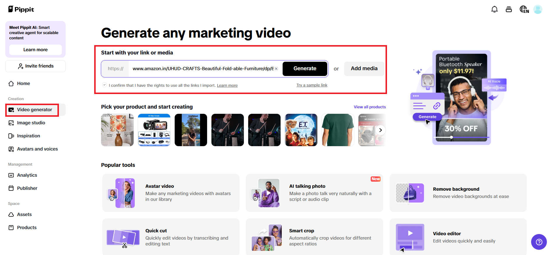 Entering either the product link or media and then hit on Generate