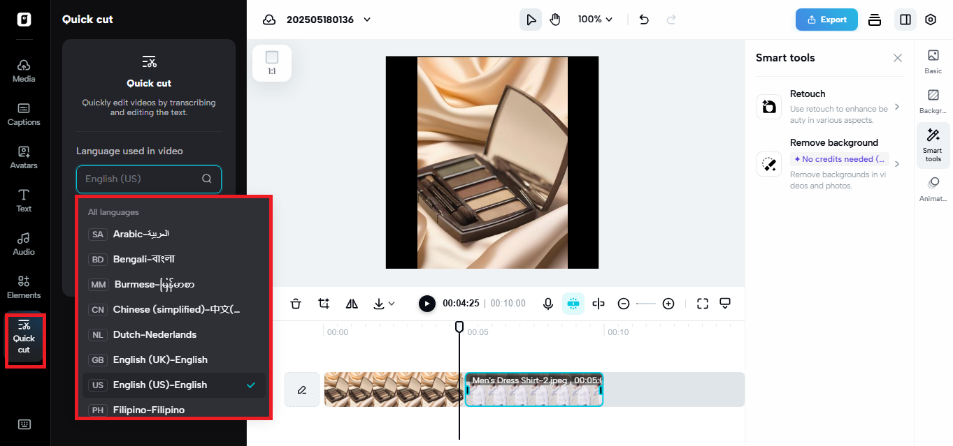 Pippit's Quick Cut feature with languages available for transcription