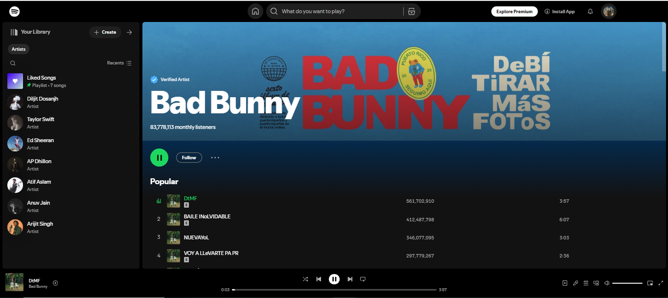 Bad Bunny - Parte de los 100 mejores artistas mundiales de Spotify