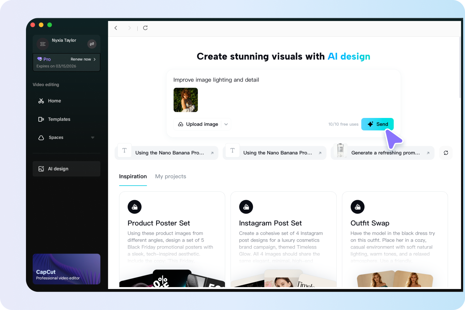Access to CapCut's AI design tool and enter a text prompt