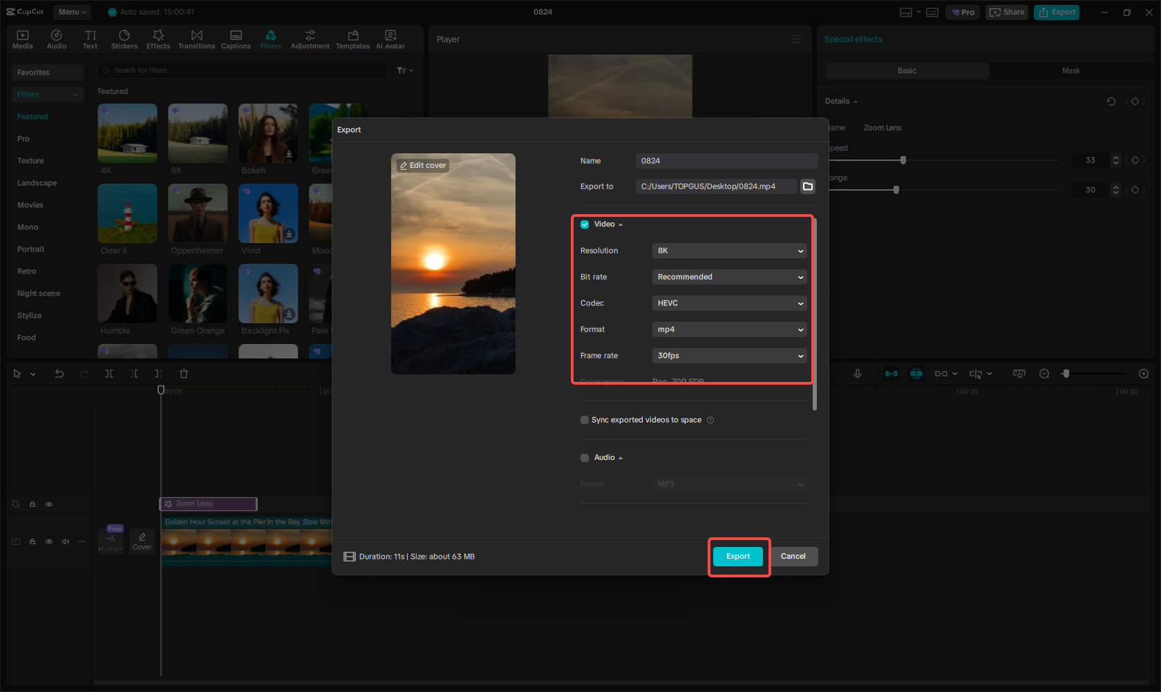 Export effect video for Instagram