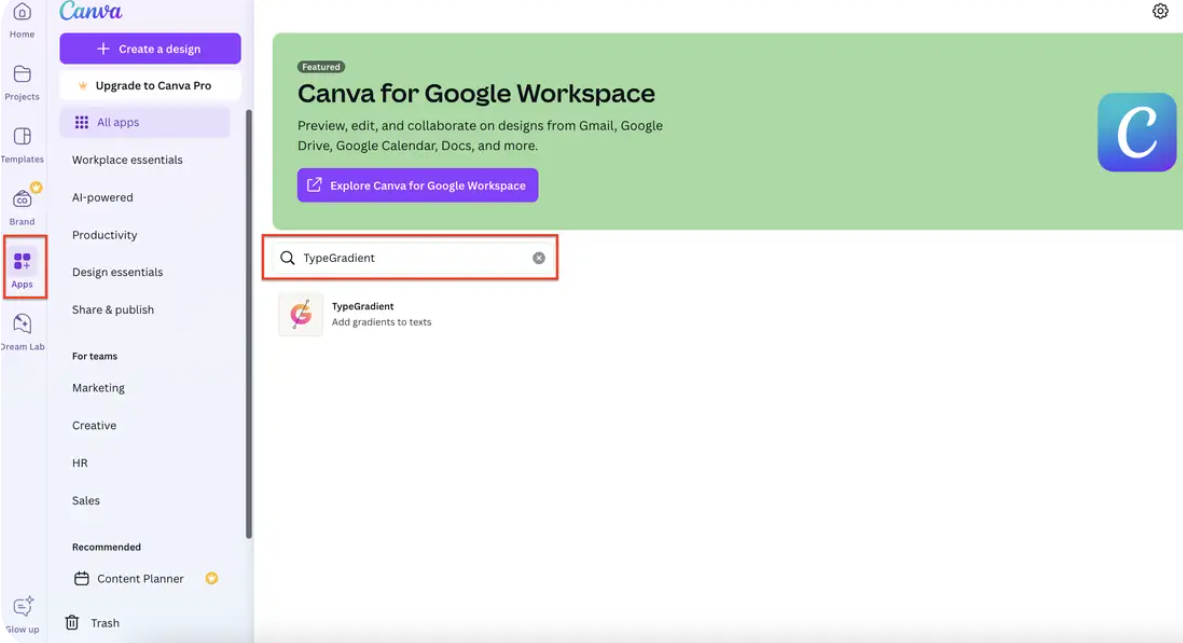 Open Canva and access the TypeGradient app