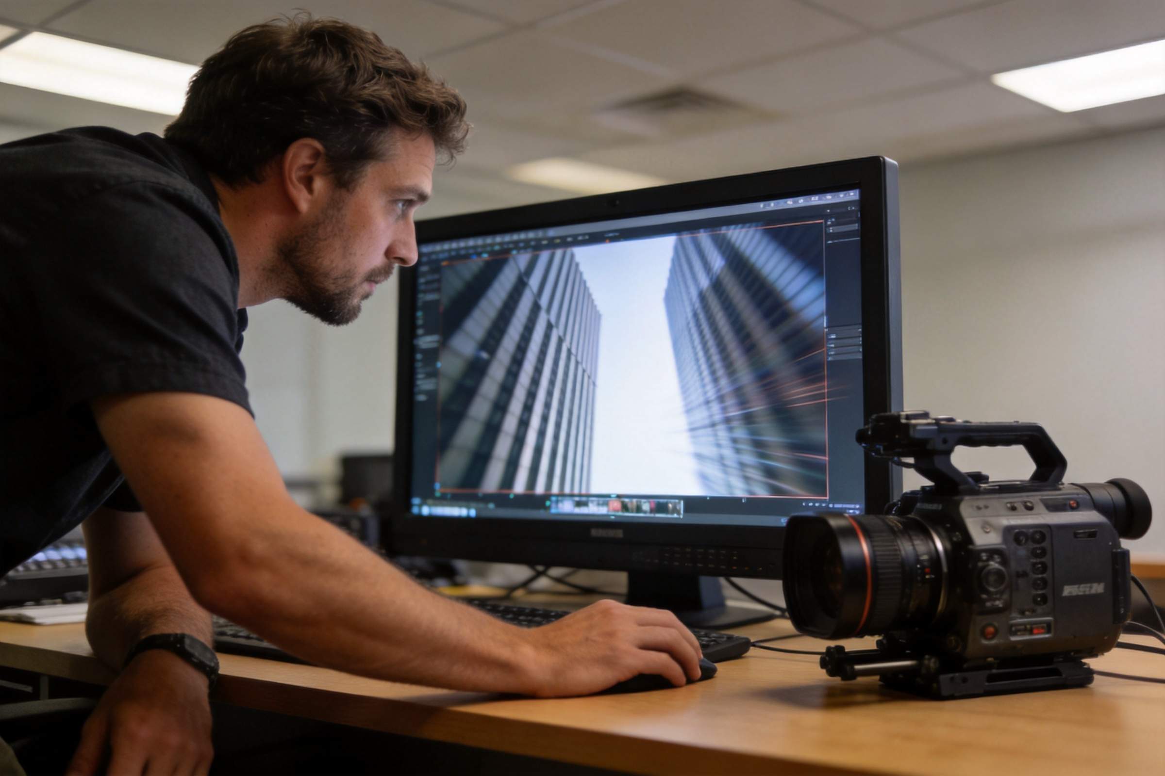Man editing video beside a camera, with distorted skyscrapers shown on a monitor