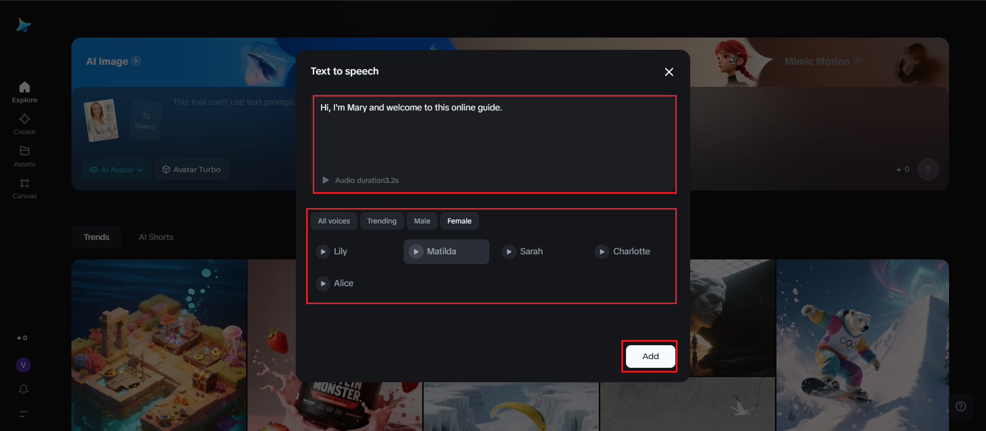 스크립트를 추가하고 음성을 선택하세요.