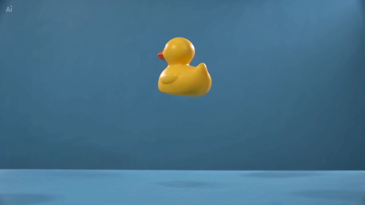 Frame from the generated clip showing the yellow rubber duck suspended above its shadow