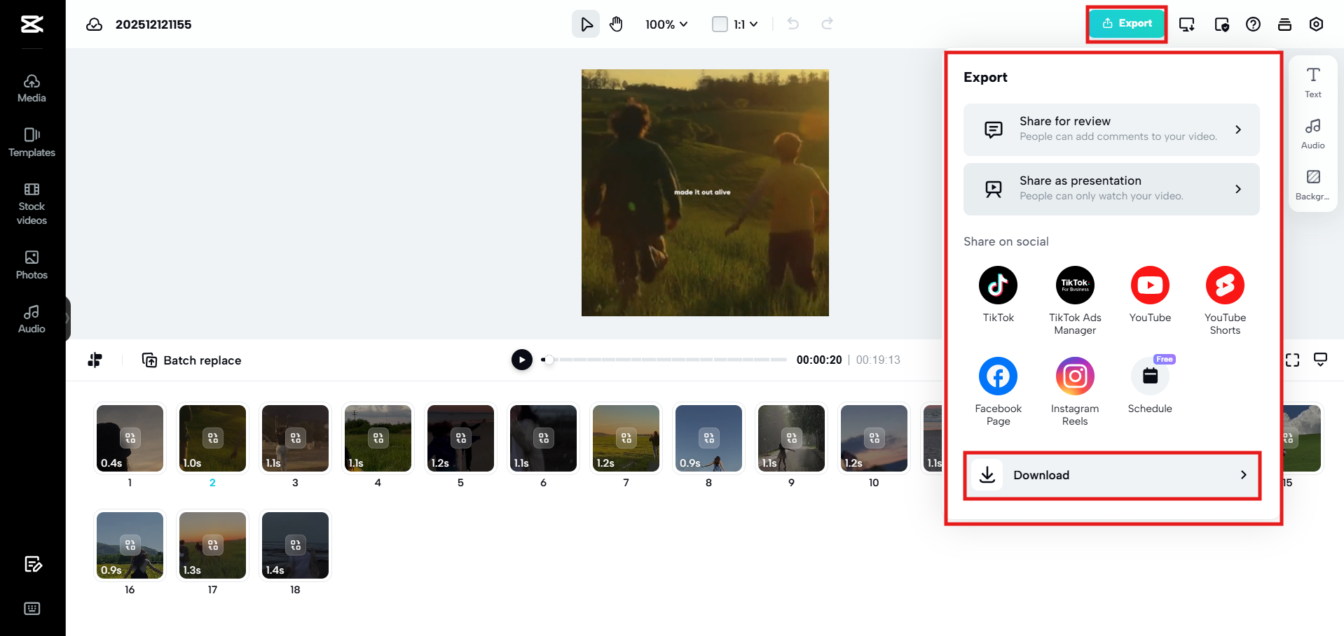 CapCut export settings for downloading the final video