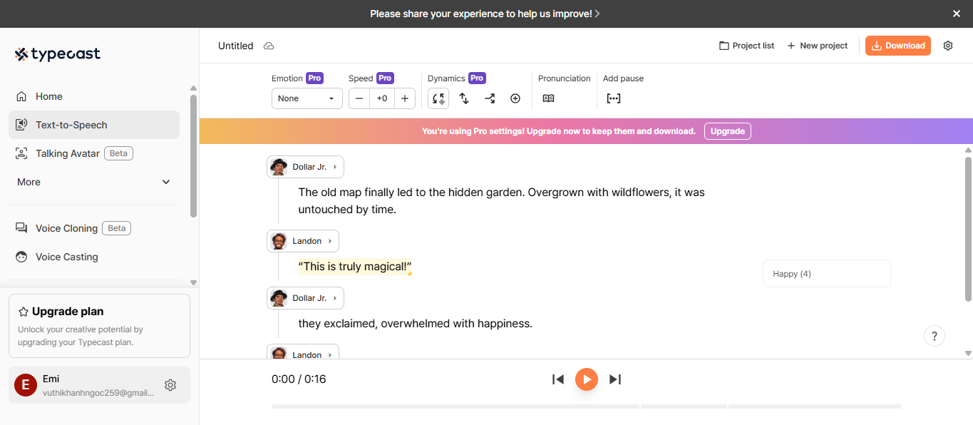 Typecast's interface
