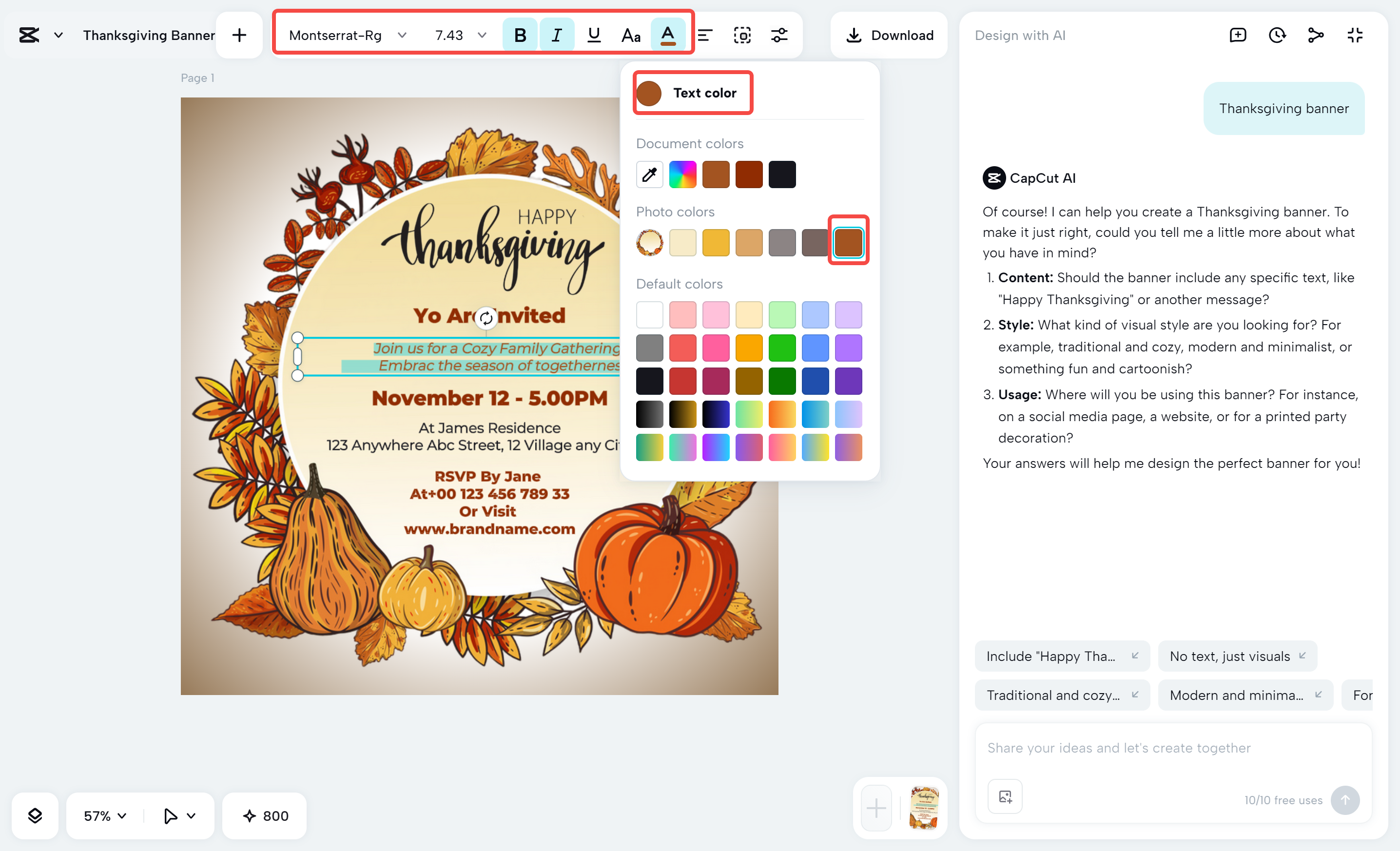 Replacing the text of the Thanksgiving flyer template in the CapCut desktop video editor