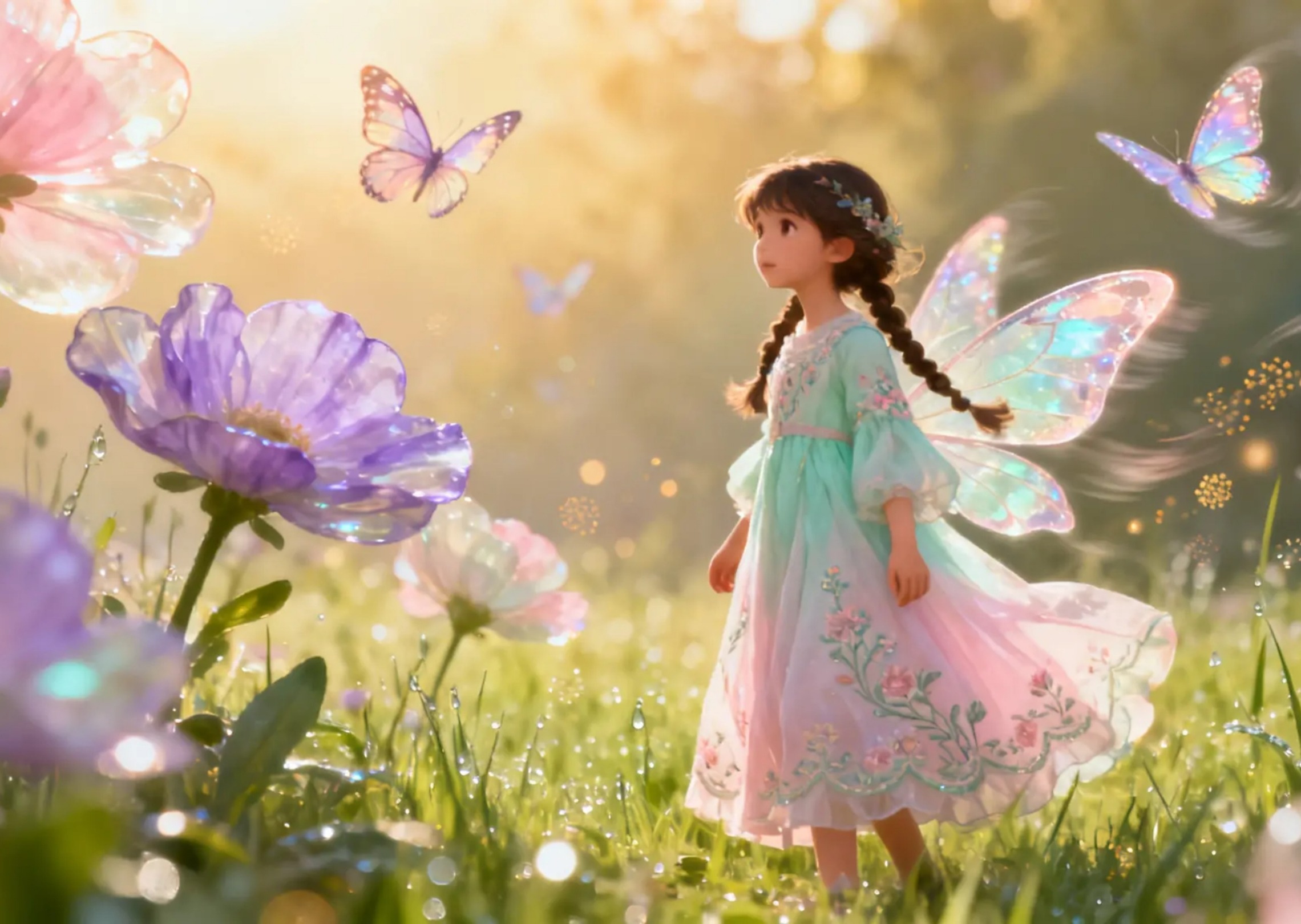 A young girl in whimsical meadow with oversized flowers and butterflies