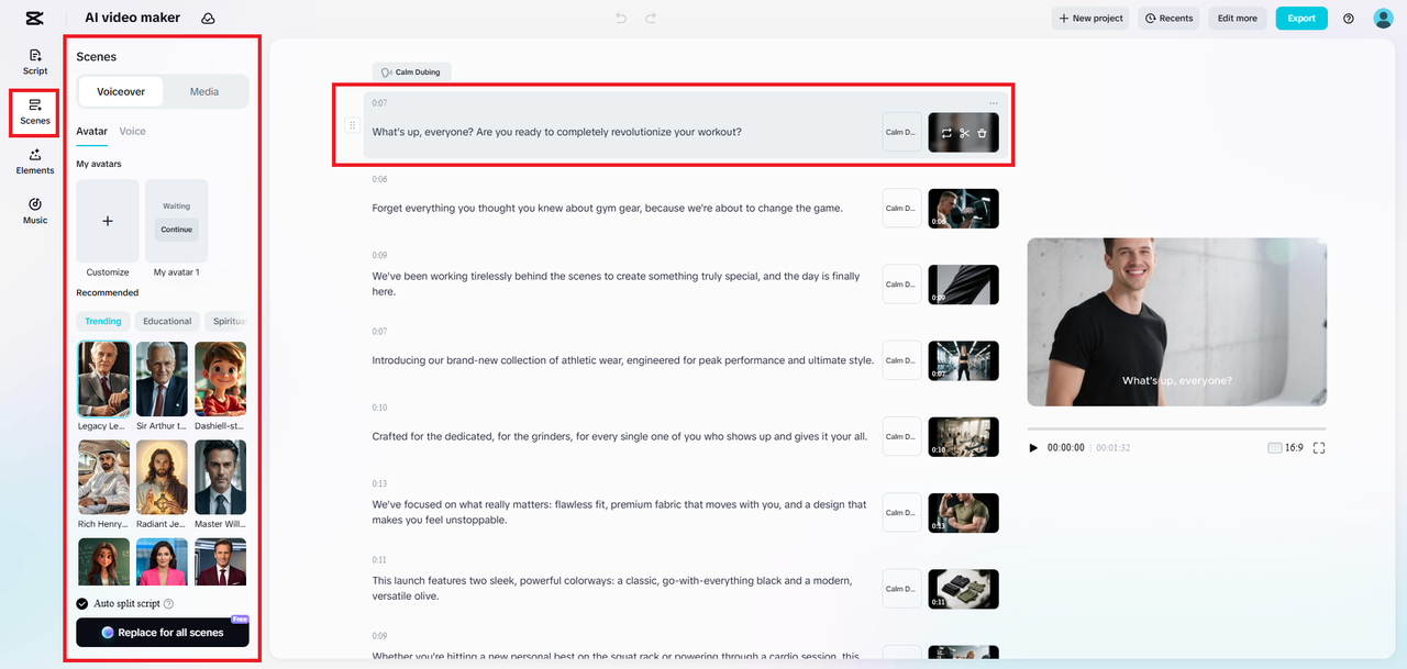 ערוך את התסריט והמדיה שלך, הוסף דמות או שנה את הקריינות